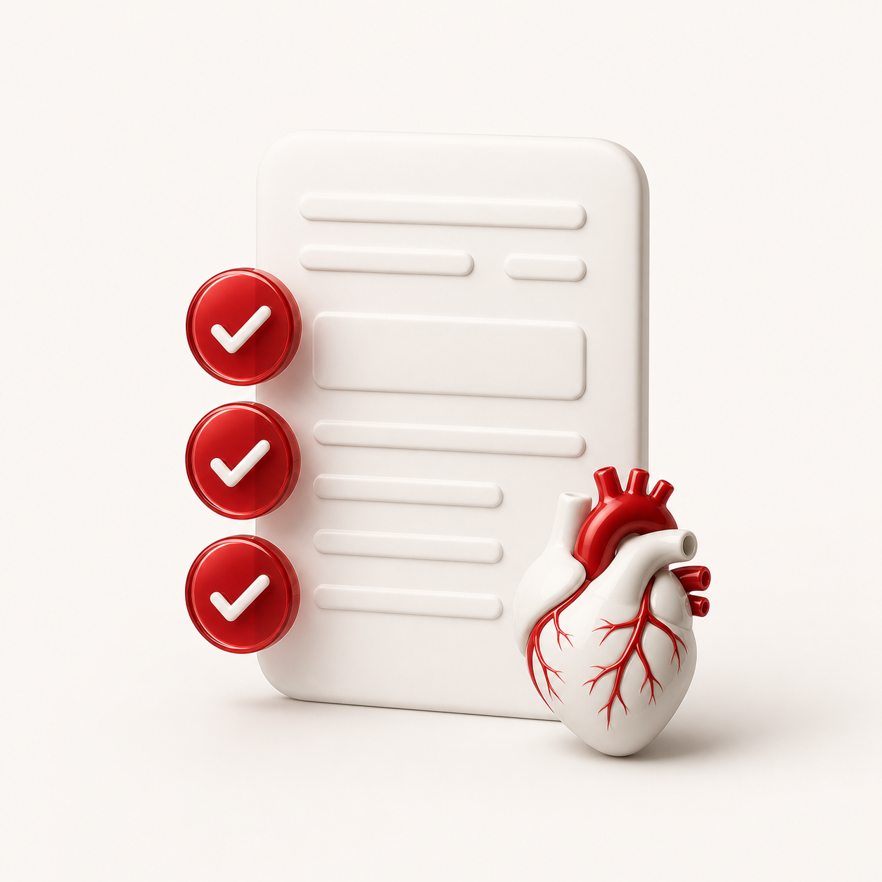 3D render of a clinical checklist card with red checkmarks beside a porcelain heart