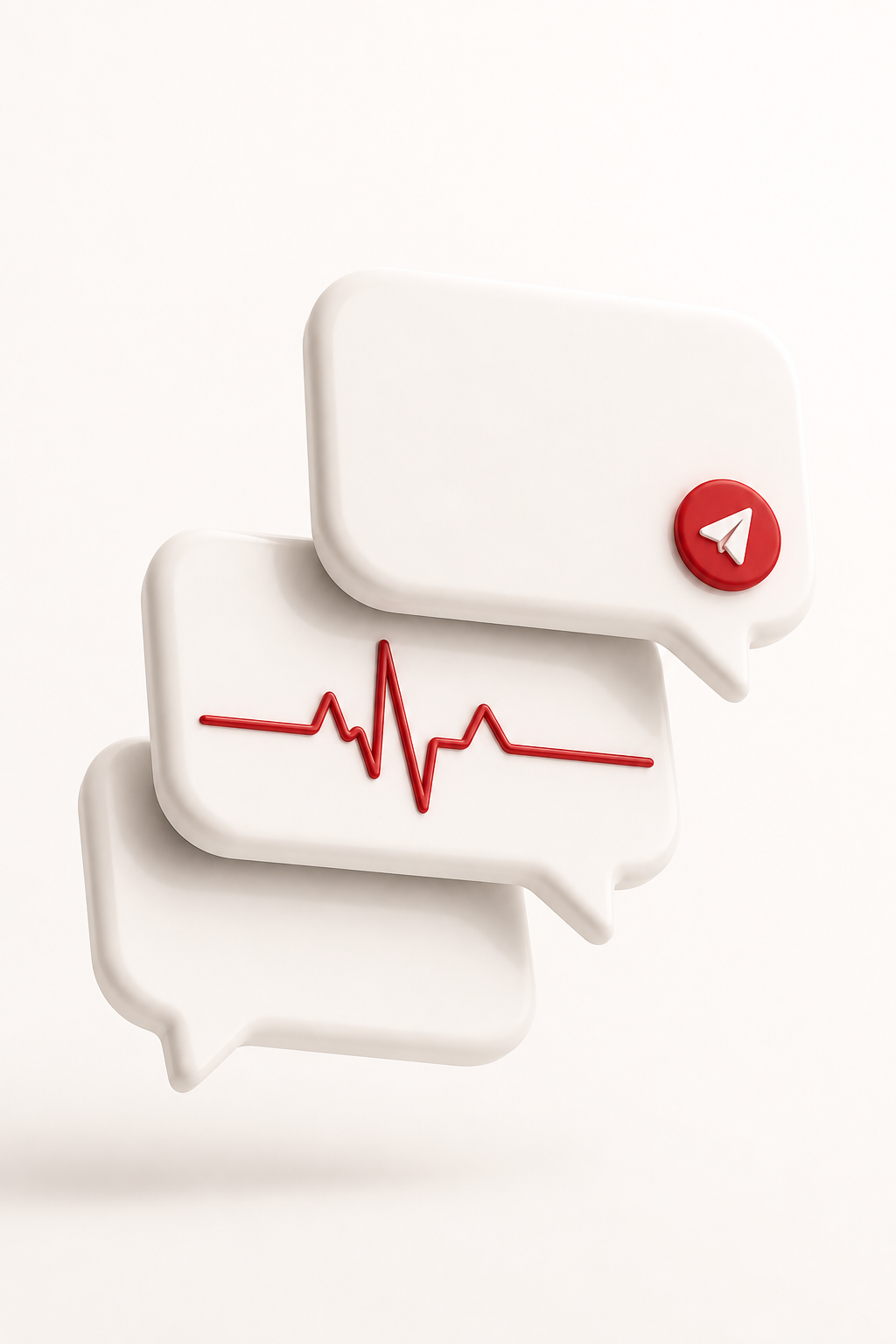 3D render of stacked chat message cards with a red ECG line and send button