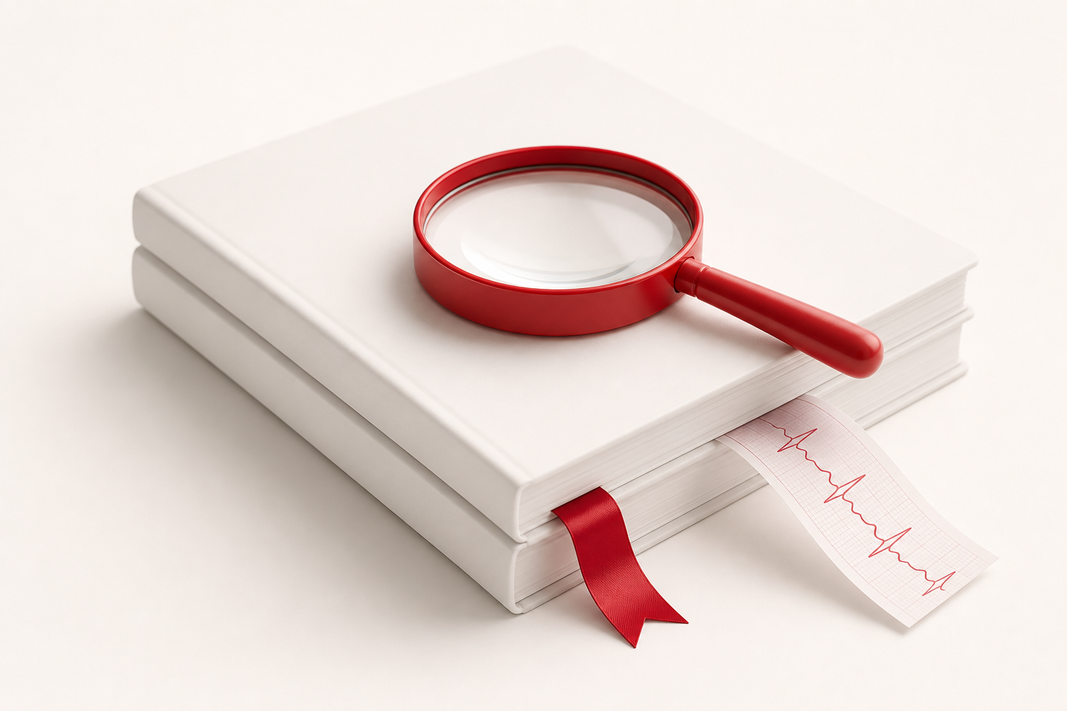 3D render of stacked journal pages with a red bookmark, magnifying lens and ECG strip