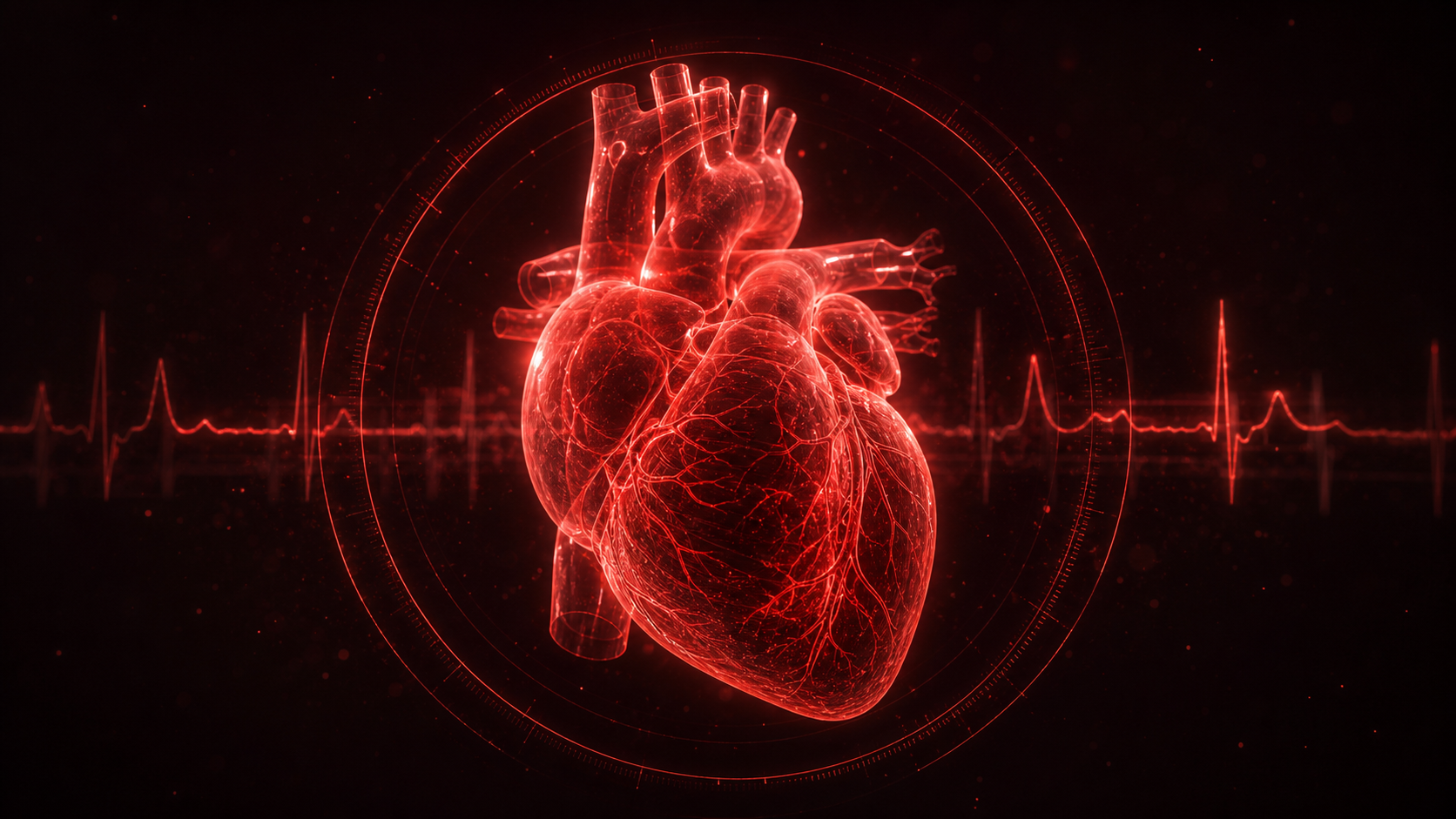 Holographic visualization of a glowing red heart with ECG traces and AI annotation rings
