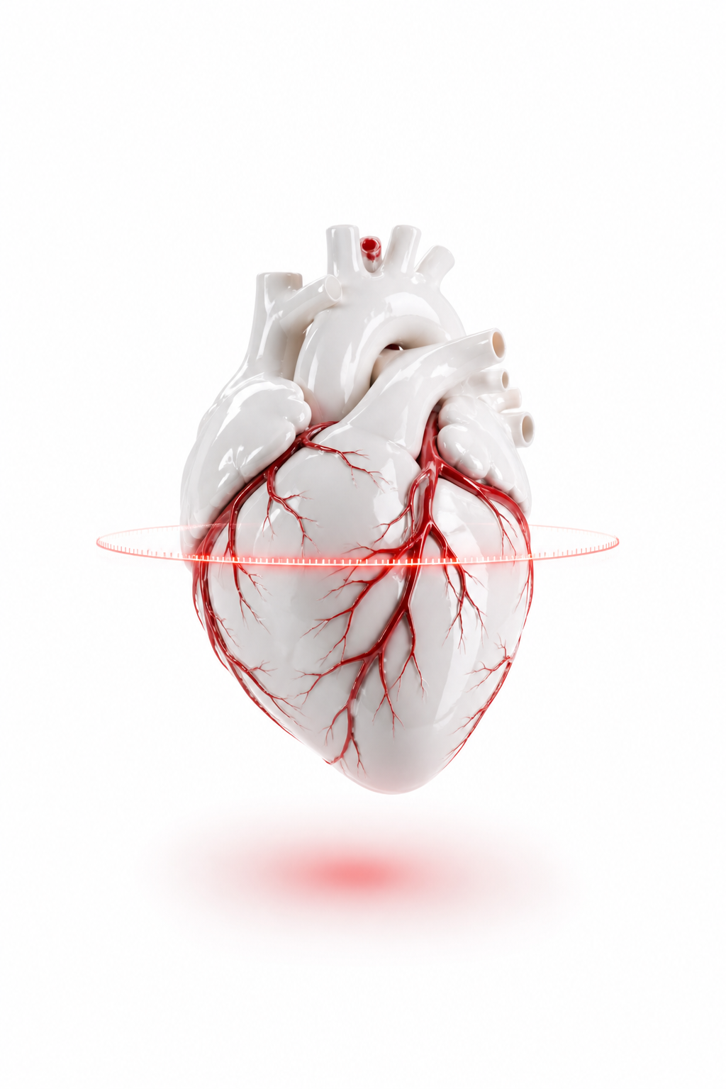 3D rendered porcelain human heart with crimson coronary vessels and an AI scan ring